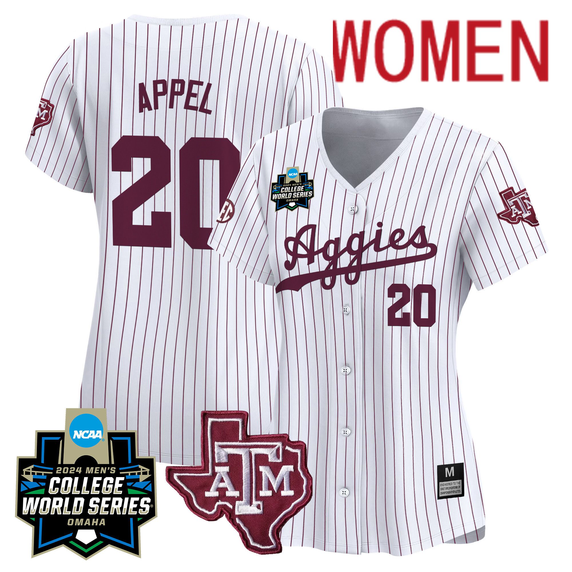 Women Texas A&M Aggies #20 Appel White Stripe 2024 College World Series Vapor Premier Limited NCAA Jersey->women nfl jersey->Women Jersey